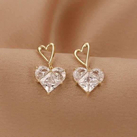 New 18k Gold Plated Sterling Silver White Sapphire Heart Drop Earrings - Picture 2 of 5